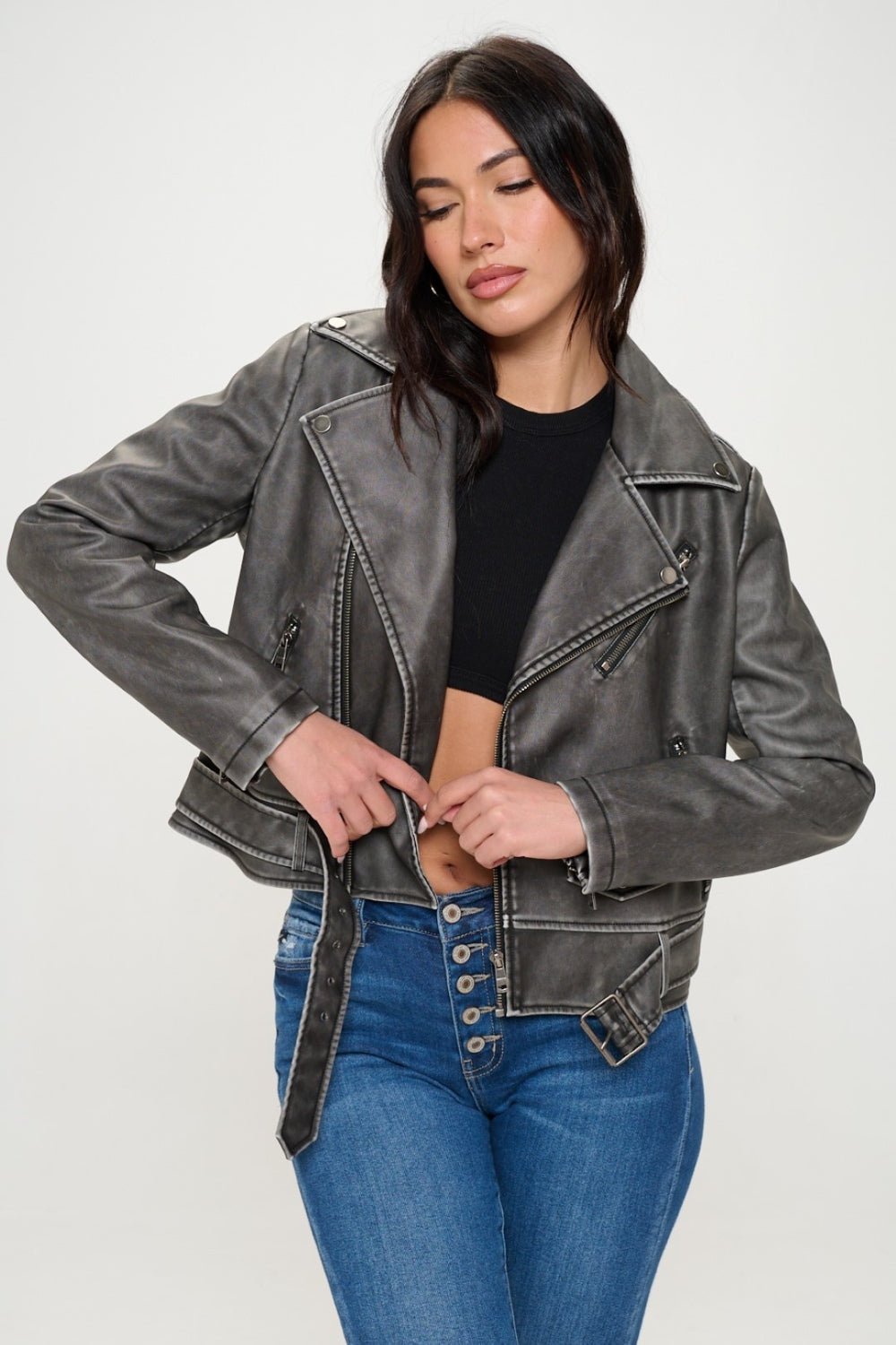 Coalition LA Zip Up Biker Jacket with Belt - TayDiane