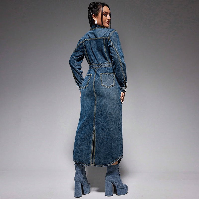 Collared Long Sleeve Denim Maxi Dress with Buttons - TayDiane