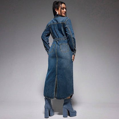 Collared Long Sleeve Denim Maxi Dress with Buttons - TayDiane
