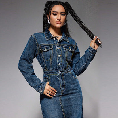Collared Long Sleeve Denim Maxi Dress with Buttons - TayDiane