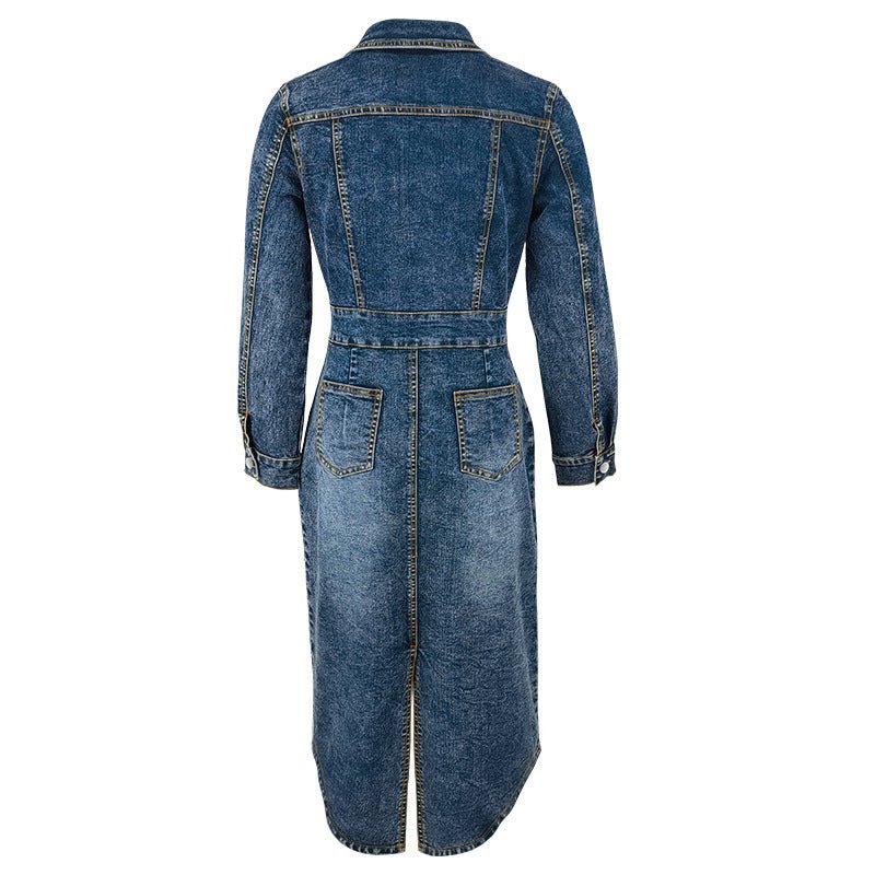 Collared Long Sleeve Denim Maxi Dress with Buttons - TayDiane
