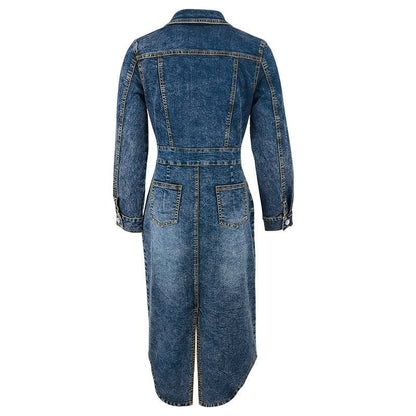 Collared Long Sleeve Denim Maxi Dress with Buttons - TayDiane