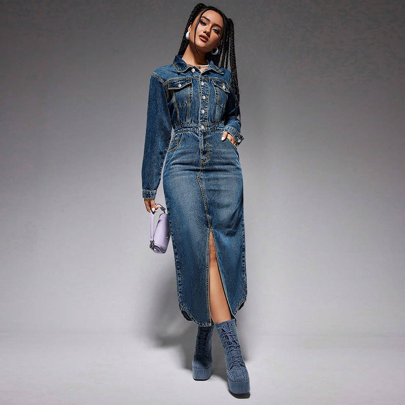 Collared Long Sleeve Denim Maxi Dress with Buttons - TayDiane