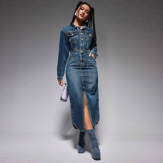 Collared Long Sleeve Denim Maxi Dress with Buttons - TayDiane