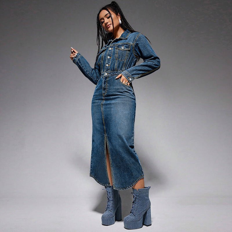 Collared Long Sleeve Denim Maxi Dress with Buttons - TayDiane