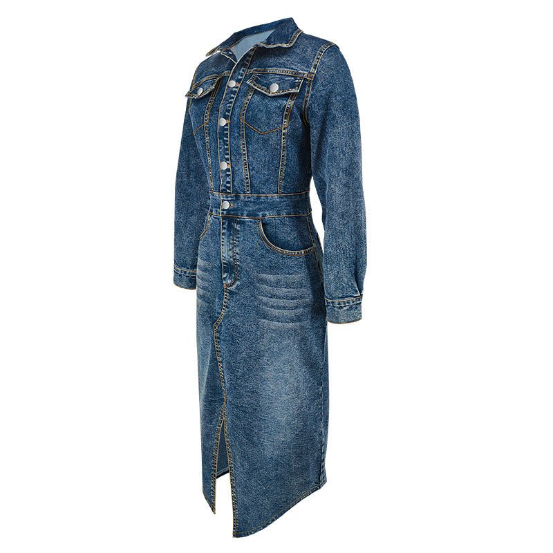 Collared Long Sleeve Denim Maxi Dress with Buttons - TayDiane