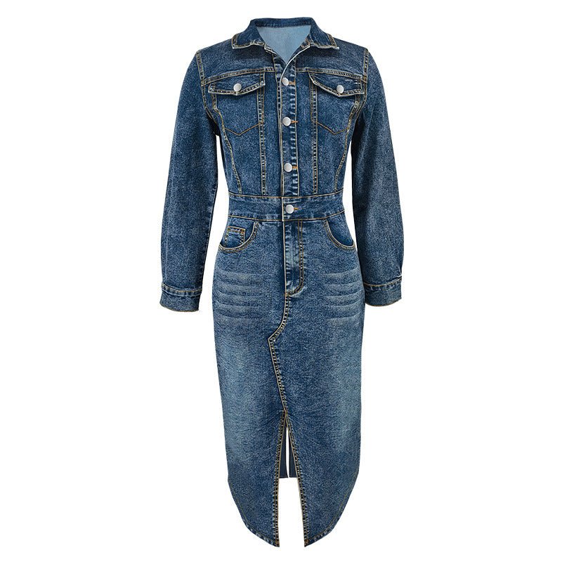Collared Long Sleeve Denim Maxi Dress with Buttons - TayDiane