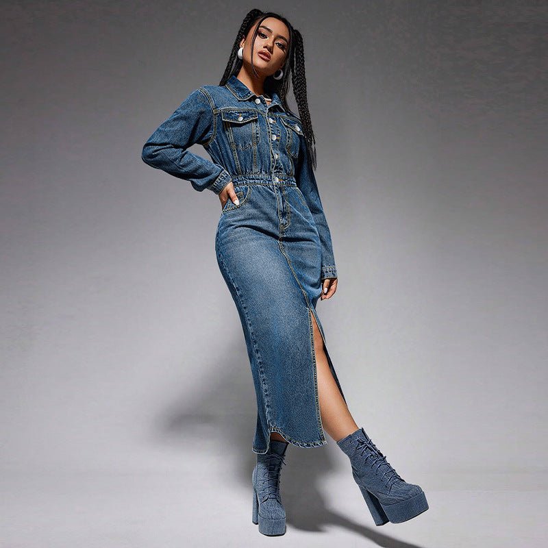 Collared Long Sleeve Denim Maxi Dress with Buttons - TayDiane