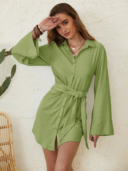 Collared Neck Long Sleeve Mini Shirt Dress - TayDiane