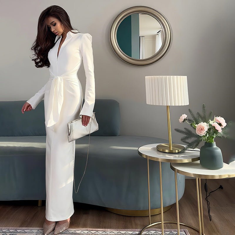 Collared Slim Fit Long Sleeve Dress with Waist Tie - TayDiane