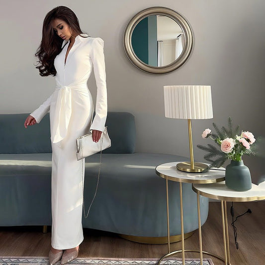 Collared Slim Fit Long Sleeve Dress with Waist Tie - TayDiane