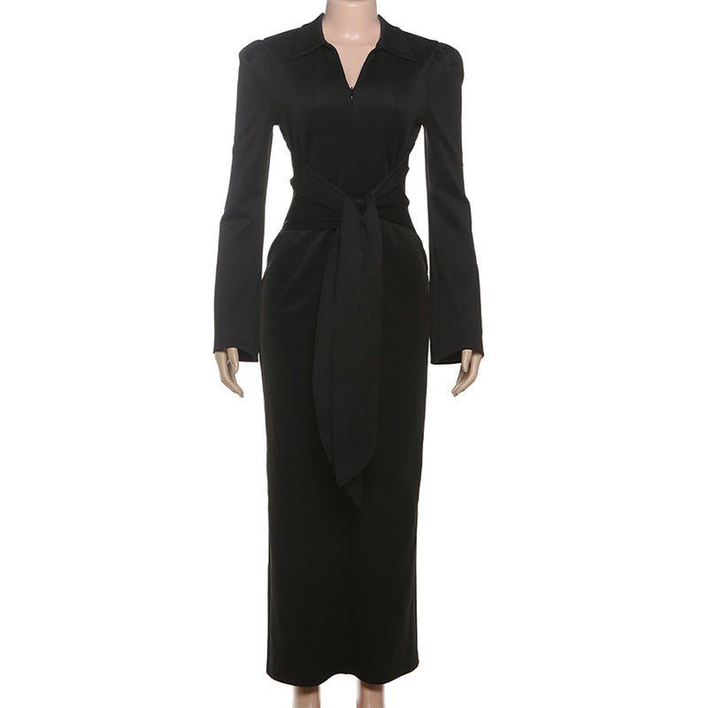 Collared Slim Fit Long Sleeve Dress with Waist Tie - TayDiane