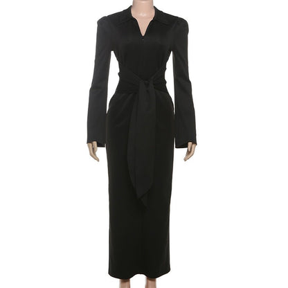 Collared Slim Fit Long Sleeve Dress with Waist Tie - TayDiane