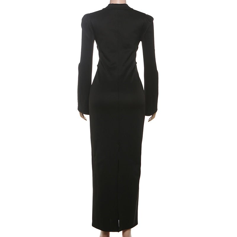 Collared Slim Fit Long Sleeve Dress with Waist Tie - TayDiane