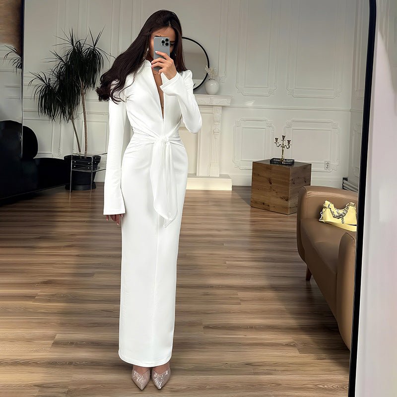 Collared Slim Fit Long Sleeve Dress with Waist Tie - TayDiane