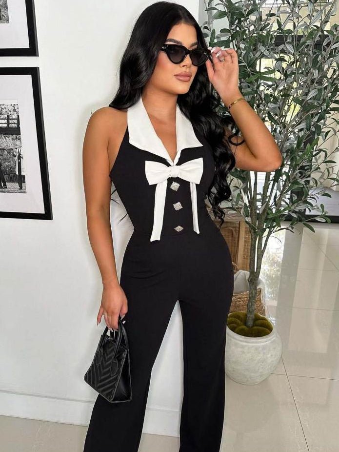 Color Block Bow Halter Jumpsuit - TayDiane