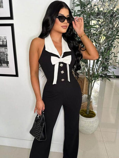 Color Block Bow Halter Jumpsuit - TayDiane