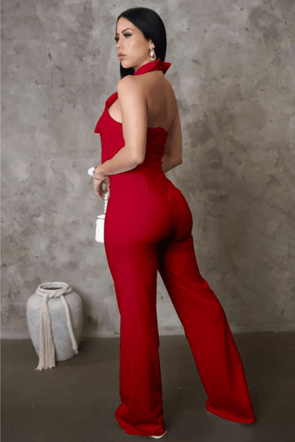 Color Block Bow Halter Jumpsuit - TayDiane
