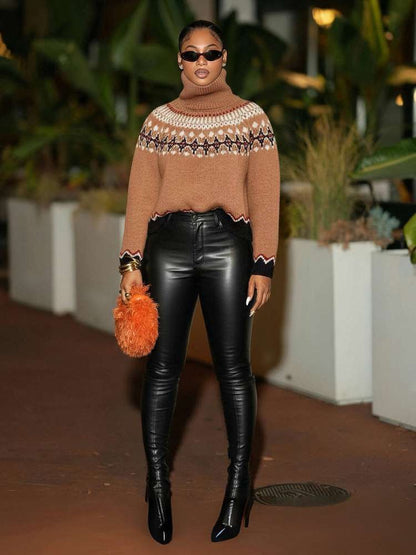 Colorblock High - Neck Winter Knit Sweater - TayDiane