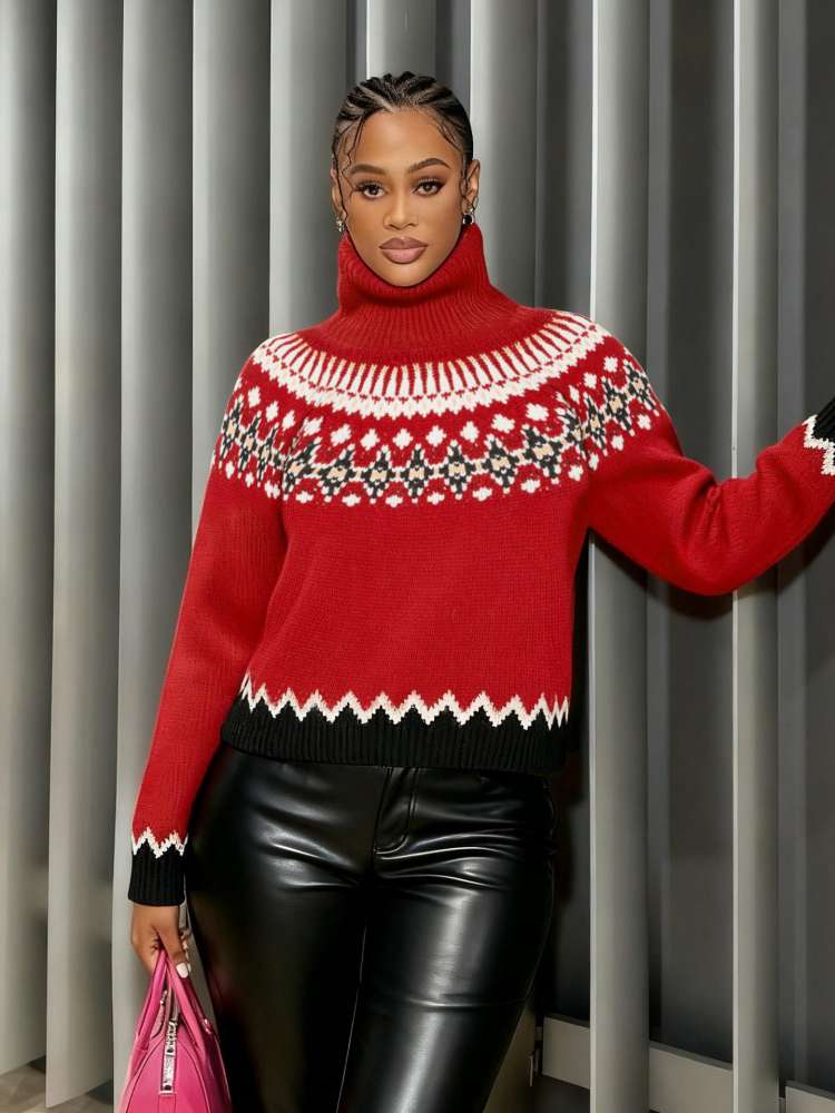 Colorblock High - Neck Winter Knit Sweater - TayDiane