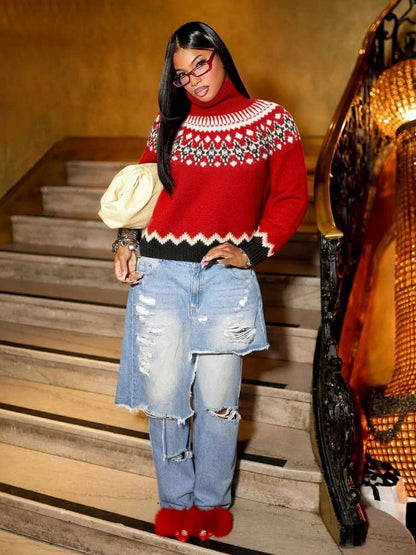 Colorblock High - Neck Winter Knit Sweater - TayDiane