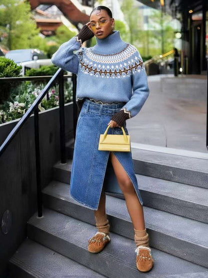 Colorblock High - Neck Winter Knit Sweater - TayDiane