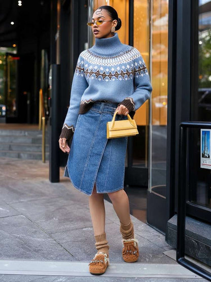 Colorblock High - Neck Winter Knit Sweater - TayDiane