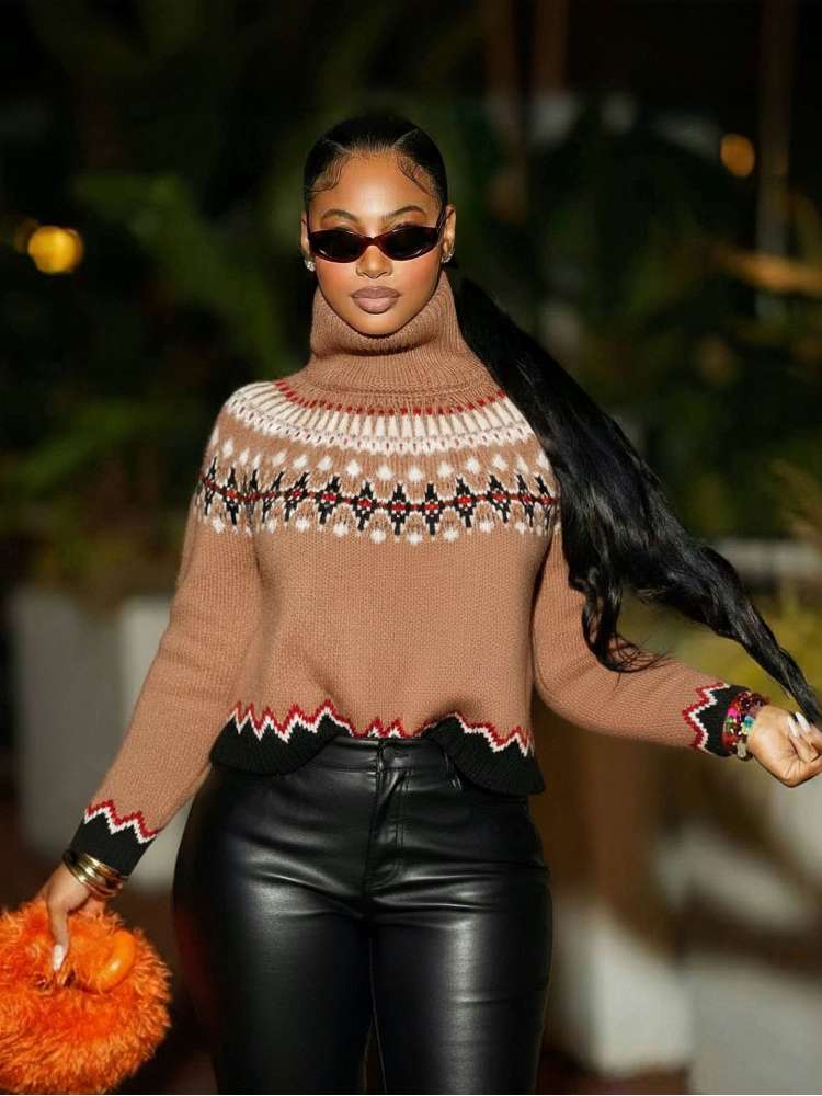 Colorblock High - Neck Winter Knit Sweater - TayDiane