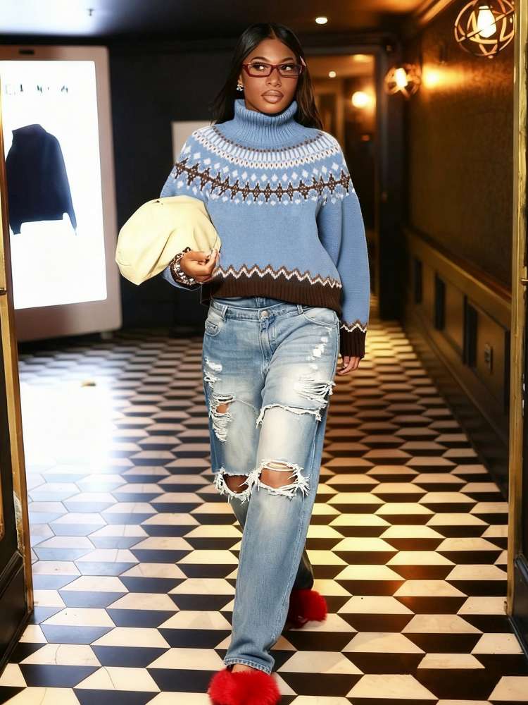 Colorblock High - Neck Winter Knit Sweater - TayDiane