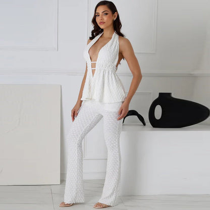 Comfortable White Halter Pants Set - TayDiane