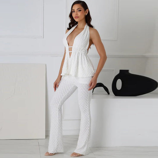 Comfortable White Halter Pants Set - TayDiane