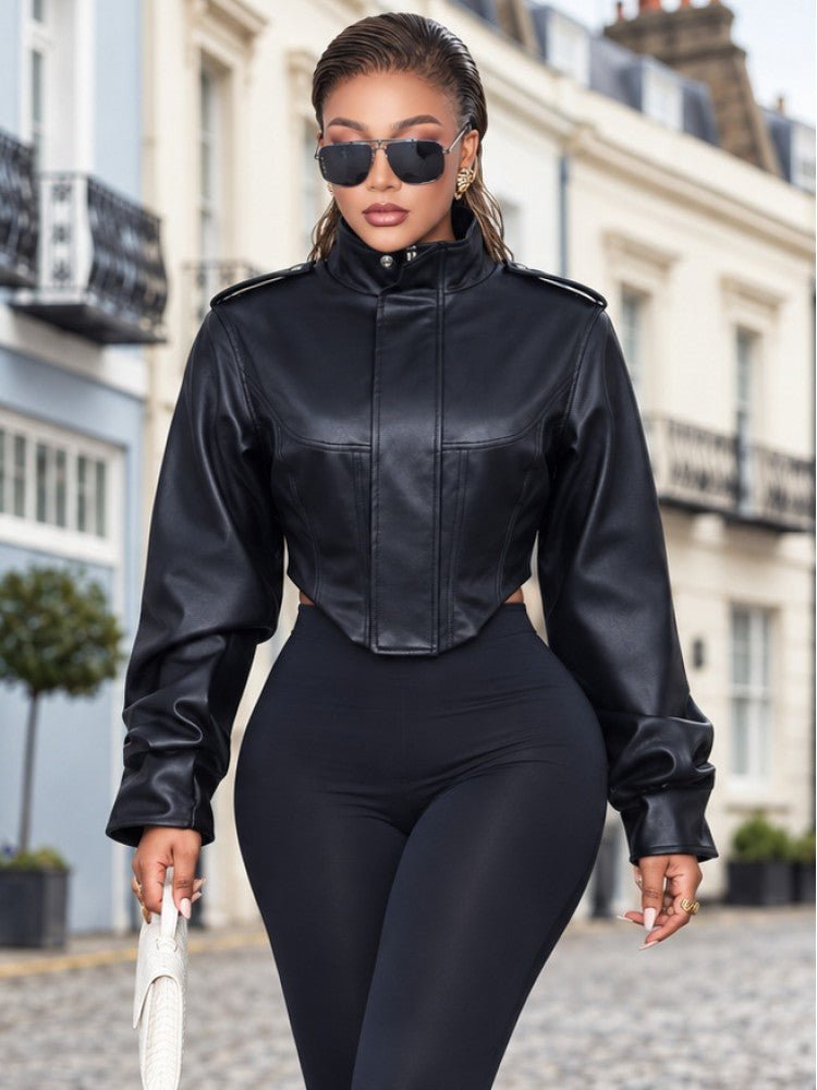Command Attention Cropped Faux Leather Jacket - Taydiane
