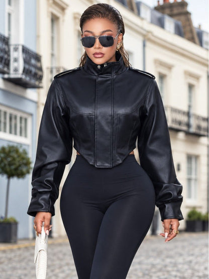 Command Attention Cropped Faux Leather Jacket - Taydiane