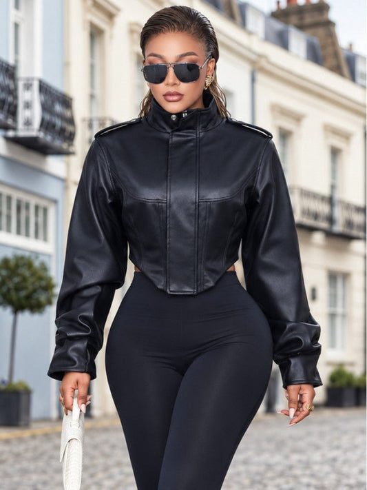 Command Attention Cropped Faux Leather Jacket - Taydiane