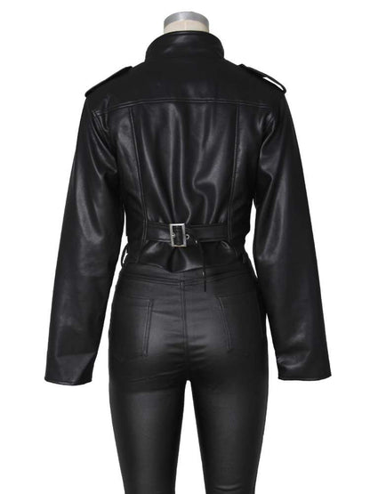 Command Attention Cropped Faux Leather Jacket - Taydiane