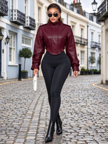 Command Attention Cropped Faux Leather Jacket - Taydiane