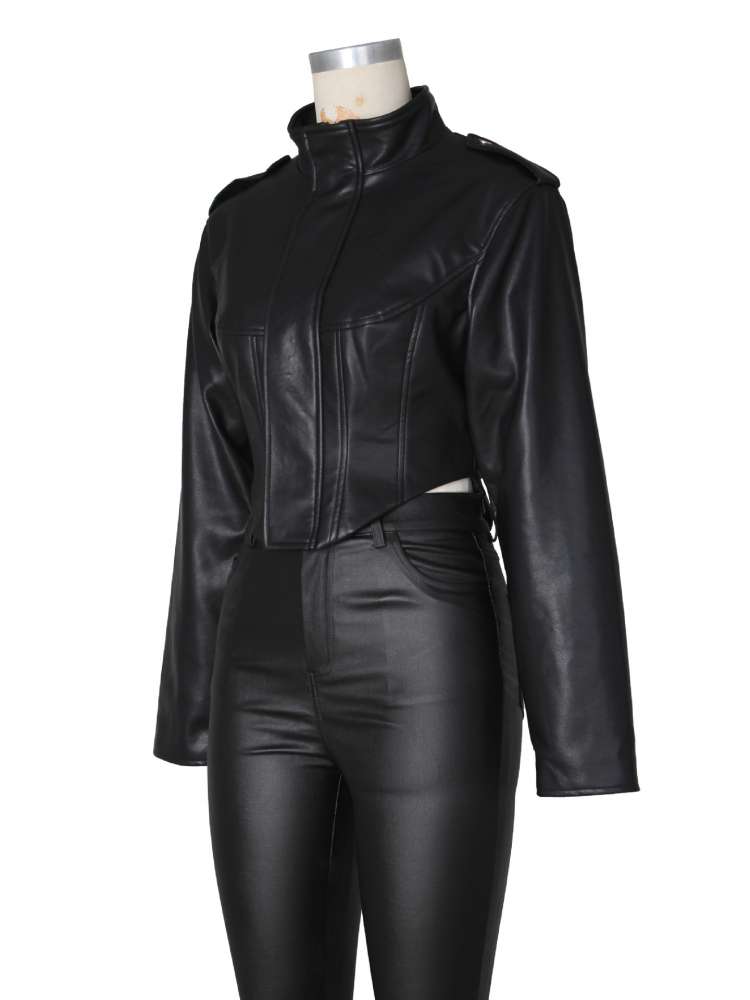Command Attention Cropped Faux Leather Jacket - Taydiane