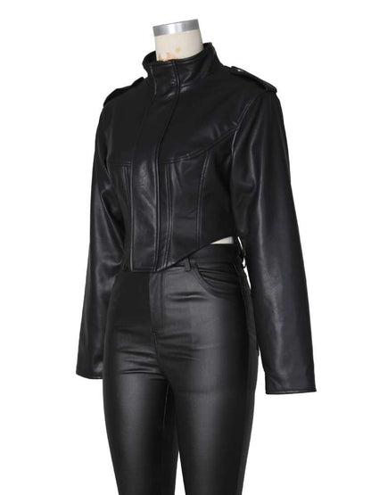 Command Attention Cropped Faux Leather Jacket - Taydiane