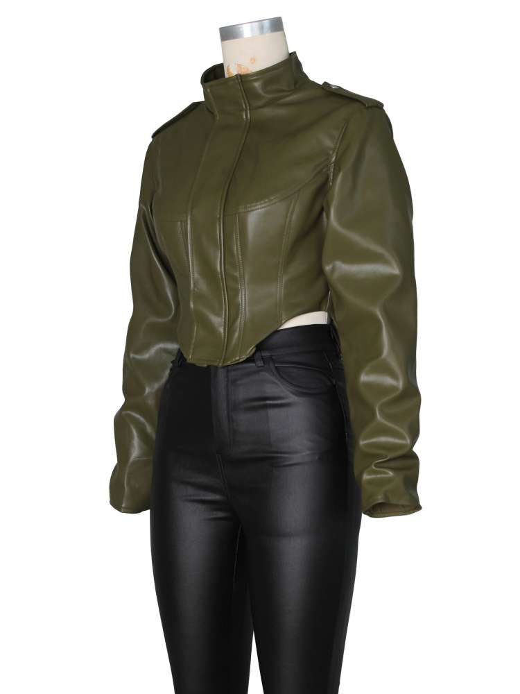 Command Attention Cropped Faux Leather Jacket - Taydiane