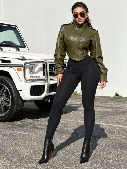 Command Attention Cropped Faux Leather Jacket - Taydiane