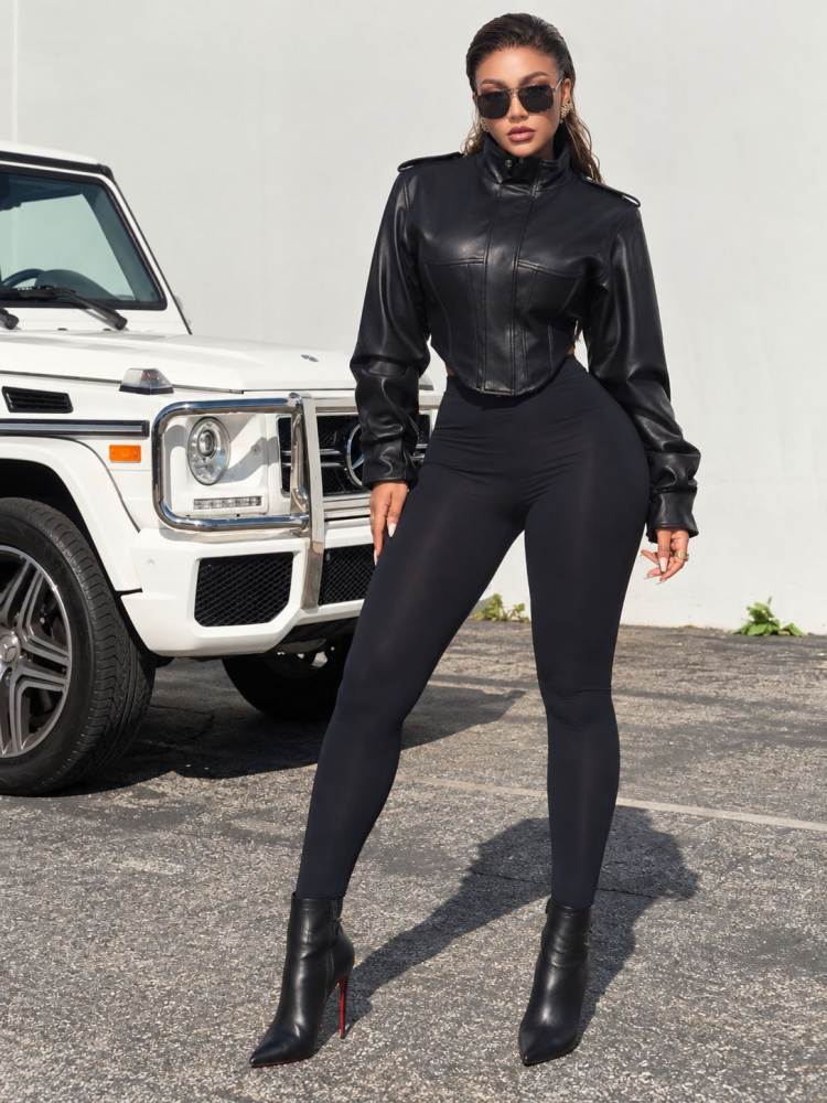 Command Attention Cropped Faux Leather Jacket - Taydiane