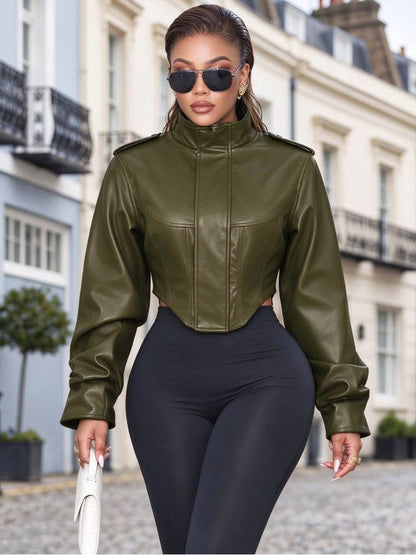 Command Attention Cropped Faux Leather Jacket - Taydiane