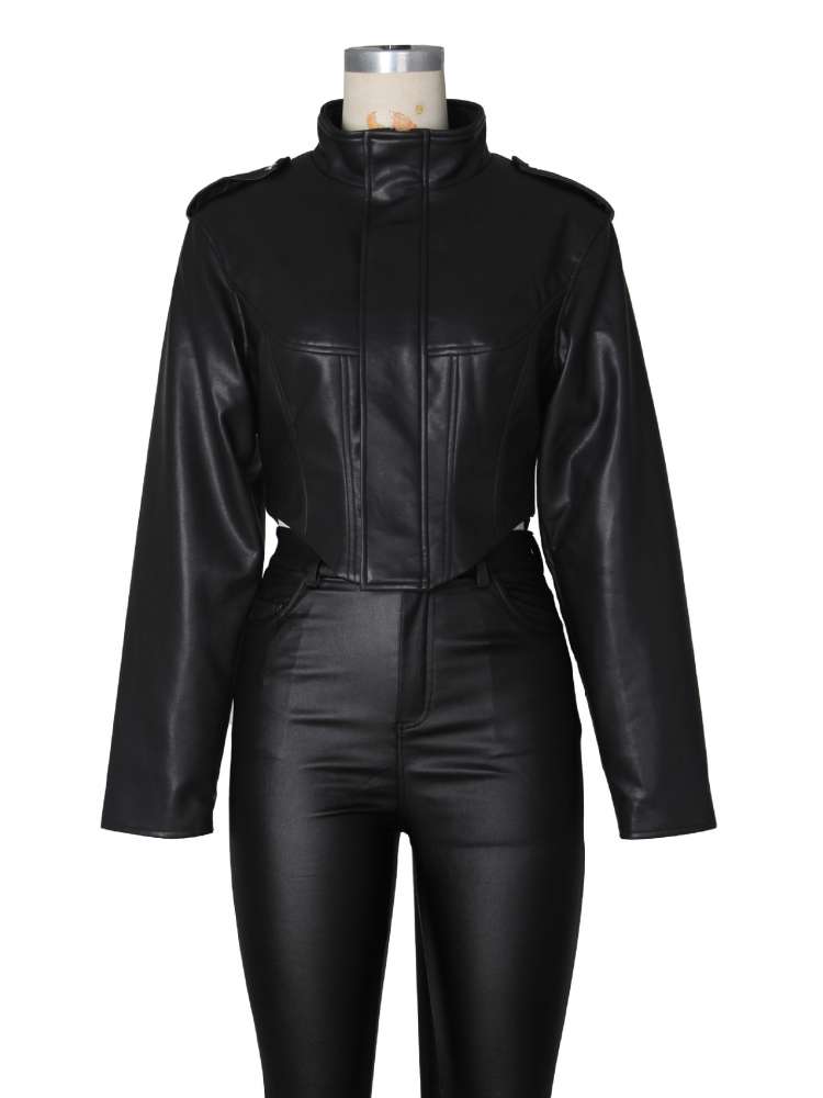 Command Attention Cropped Faux Leather Jacket - Taydiane