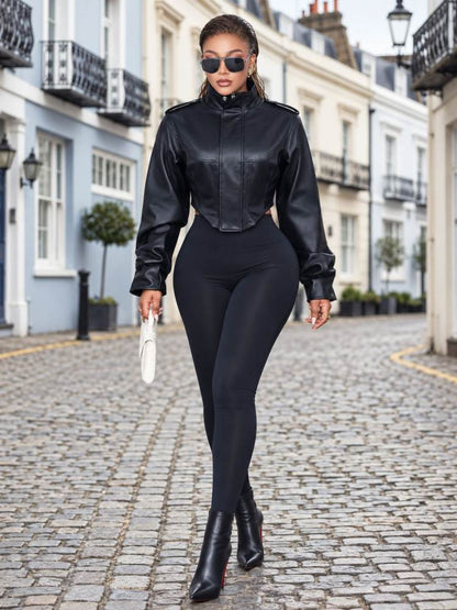 Command Attention Cropped Faux Leather Jacket - Taydiane