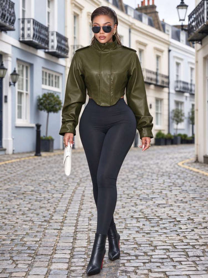 Command Attention Cropped Faux Leather Jacket - Taydiane