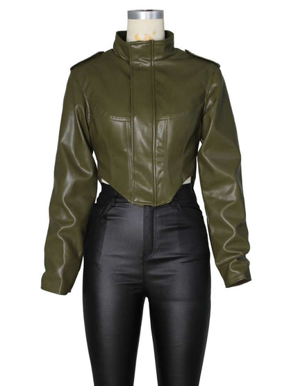 Command Attention Cropped Faux Leather Jacket - Taydiane