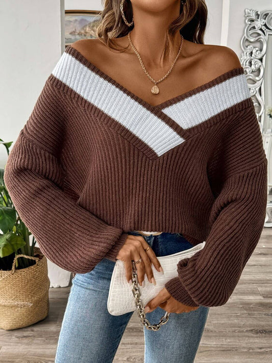 Contrast Dropped Shoulder Long Sleeve Sweater - TayDiane