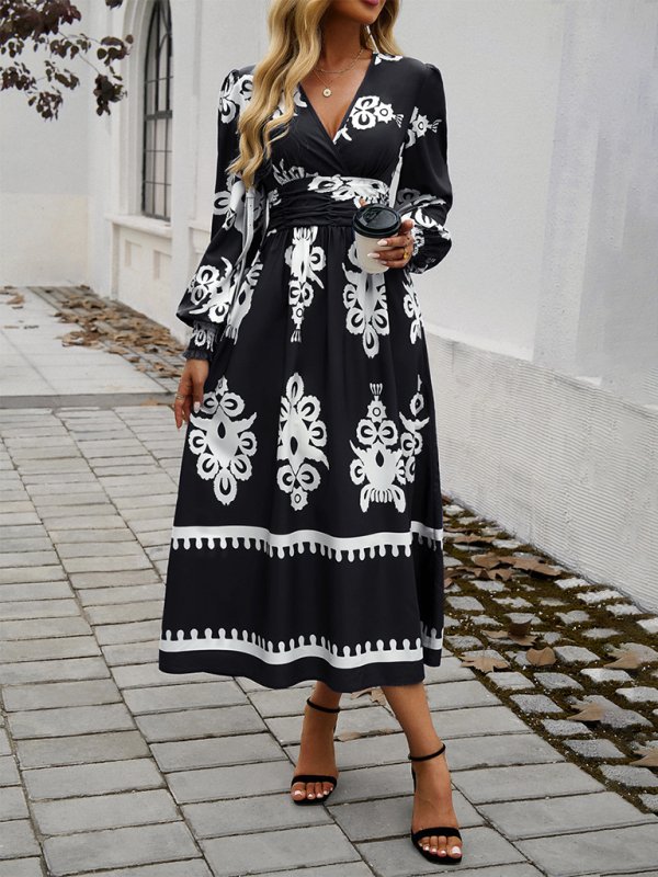 Contrast Elegant V - neck Long Sleeve Dress - TayDiane