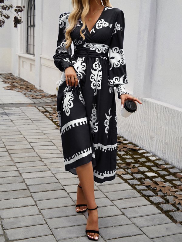 Contrast Elegant V - neck Long Sleeve Dress - TayDiane