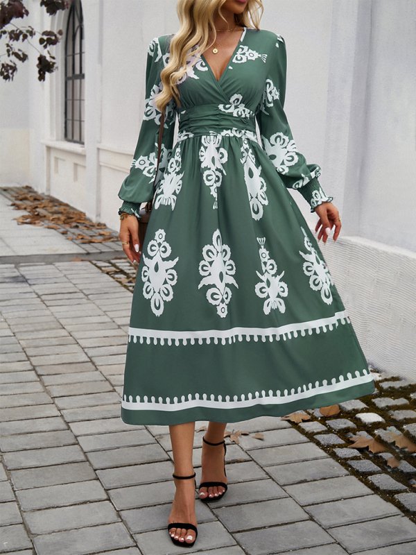 Contrast Elegant V - neck Long Sleeve Dress - TayDiane